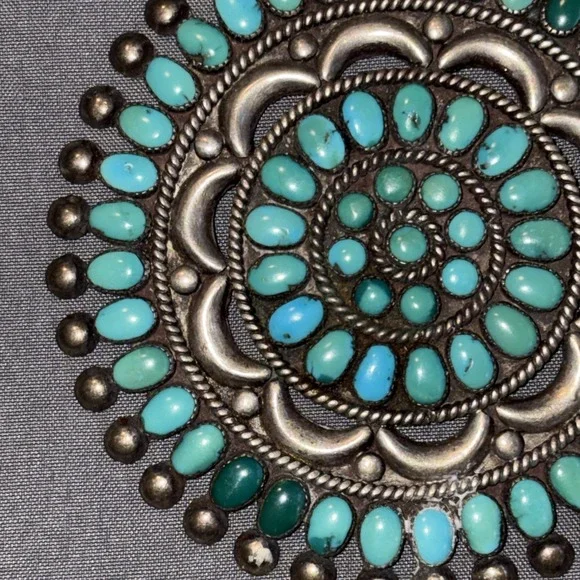 Native American Zuni Lee Mary Weebothee 3" Turquoise Sterling Silver Pin Brooch - Picture 2 of 6